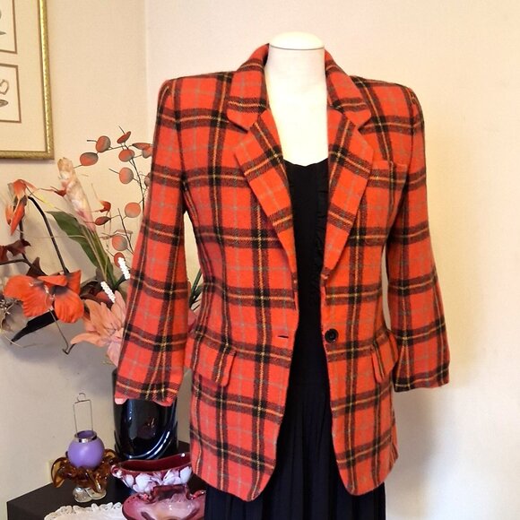 Vintage Jones New York Orang Red Wool Lined Blazer Checkered Pattern Jacket - Picture 2 of 7